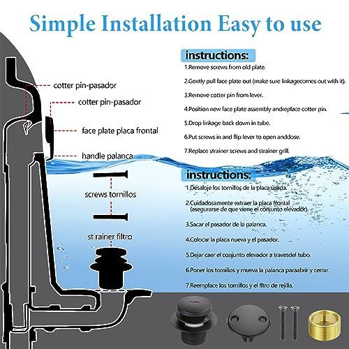 Tip Toe Bathtub Drain Conversion Kit Assembly, Tub Drain Plug Trim Set Bath Tub Drain Stopper with Two-Hole Overflow Faceplate (Matt Black) - color: Matt Black