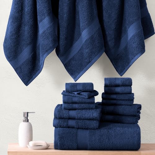 LANE LINEN Cotton Bath Towel Set - 18 Piece - Low Twist, Soft & High Absorbency - 4 Bath, 8 Wash Cloth, 6 Hand Towels - Classic Hotel Quality, Durable & Ideal for Modern Bathrooms - Navy Blue - color: 03: Navy Blue, size: 18 Piece Towel Set