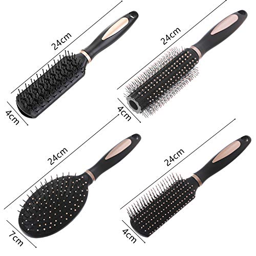 Pack of 4 Anti-Static Hair Tools for Women, Men & Kids: Oval Comb, Round Vent Brush, Detangling Paddle Brush for Wet/Dry Hair Massage & Shine, QXDAI-10