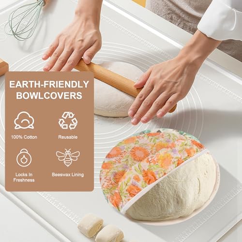 Reusable Bowl Covers for Bread Proofing - Beeswax Bowl Covers Reusable 3 Set, Cotton Blend Stretch Design, Fits 4-13 Inch Bowls, Shower Caps for Sourdough Bread, Dough Proofing & Food Storage（Flower） - color: Flower