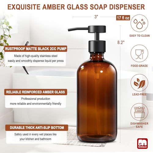 GMISUN Amber Glass Soap Dispenser, 1 Pack Dish Soap Dispensers for Kitchen with Rustproof Stainless Steel Pump, 17 Fl Oz Bathroom Hand Soap Dispenser, Brown Liquid Dishwashing Dispensers Bottle - color: Amber Bottle + Black Flat Pump, size: 1 Pack