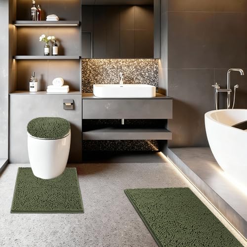 Bathroom Rugs Sets 3 Piece with Adjustable Toilet Seat Cover 19.5"x 18.5" Machine Washable Bath Rug Set with TPR Non Slip Rubber Backing Solid Bath Mat Set for Luxury Bathroom Decoration - color: Olive Green