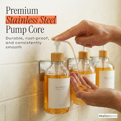 Shampoo and Conditioner Dispenser Wall Mounted Set of 3 Clear Bamboo - No Drill Shower Soap Dispenser for Bathroom Refillable - Spa Hotel Style Accessories by MaisoNovo | 500 ml Shower Gel Dispenser Set of 3. Refillable Shampoo and Conditioner Bottles. Dr