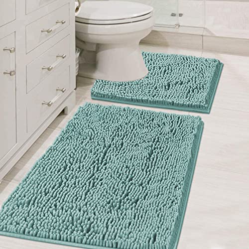 H.VERSAILTEX Original Shaggy Chenille 2 Piece Bath Rug Set, 20x20 Square U-Shape Contoured Toilet Mat & 32x20 Carpet Rug, Machine Wash/Dry Mats, Soft, Plush Rugs for Tub Shower (Eggshell Blue) - color: Duckshell, size: 20" x 32" Plus 20" x 20"