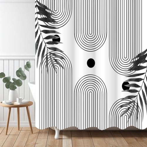 Boho Mid Century Modern Shower Curtain, Abstract Arch Leaf Minimalist Sun Black and White Machine Washable Waterproof Fabric for Bathroom Bathtub with Hooks 72Wx78H - color: Black and White Boho Leaves, size: 72"W x 78"L (Pack of 1)
