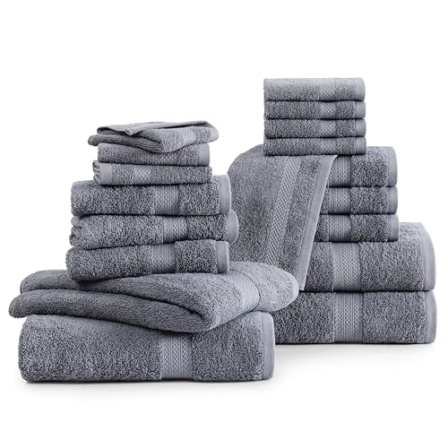 LANE LINEN 100% Cotton Towels for Bathroom - 18 Piece Family Pack - Super Soft & Quick Dry - 4 Bath, 8 Washcloth, 6 Hand Towels - Oeko TEX Certified, Machine Washable & Durable - Cool Grey - color: 01: Cool Grey, size: 18 Piece Towel Set