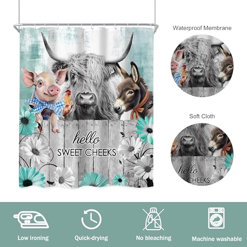 Newsely Rustic Funny Highland Cow Shower Curtain 60Wx72H Inch Teal Floral Daisy Farmhouse Western Animal Donkey Chicken Pig Bathroom Set Bull Wooden Waterproof Bath Decoration Accessories Home Decor - color: A-03cow, size: 60"W x 72"L (Pack of 1)
