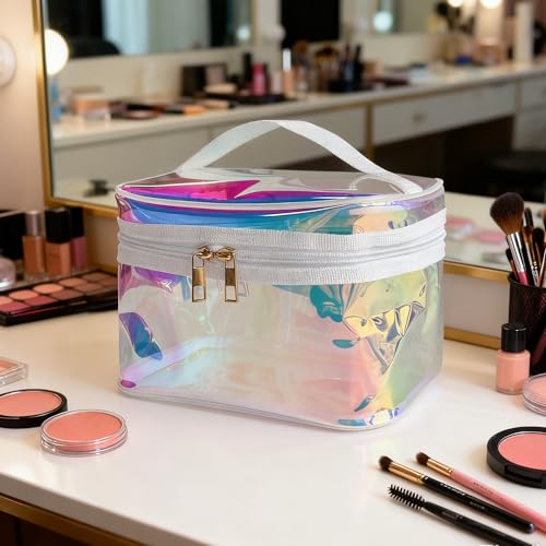 Waterproof Holographic Blue PVC Makeup Bag with Handle - 8.66 * 5.51 * 5.51 inch Travel Cosmetic Organizer for Women Men Toiletry Pouch (Holographic Blue - L) - color: Holographic Blue - L