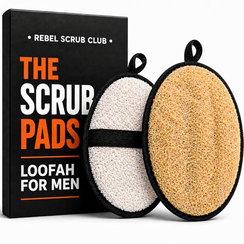 Loofah for Men 2 Pack – Natural Egyptian Shower Scrubber Pads | Mens loofah body scrubber with 2 dual-sided pads, natural Egyptian loofah, terry-cloth side, hand strap and hanging loop