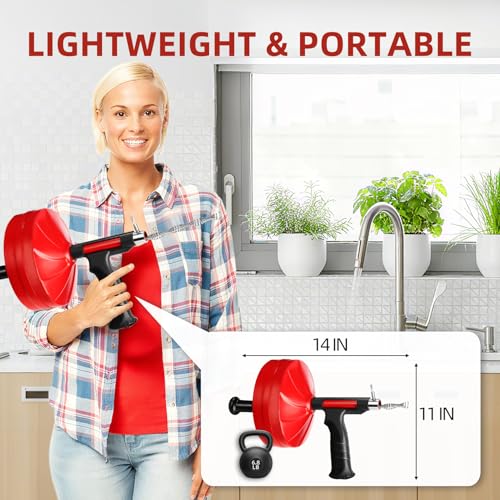 Drain Snake Auger, 50 Feet Flexible Plumbing Snake with 1/4" Drill Adapter, Manual or Drill Powered Drain Cleaner for Kitchen Sink, Bathroom & Shower Drains, Includes Gloves Storage Bag, Red - color: Red-50FT