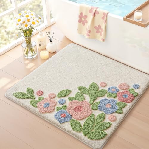 LUMI Bathroom Rugs Cute Flower, Soft Absorbent Square Bath Mat Non-Slip, Machine Washable Quick Dry Warm White Bloom Luxury Rug Flower for Kids Room, Bathtub, Home Decor, 32"x32" - color: Ivory Bloom, size: 32"x32"(Square)