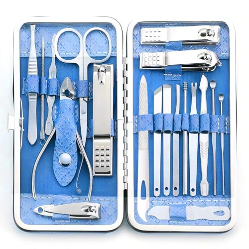 Manicure Set - 19 in 1 Professional Nail Clippers Pedicure Kit, Manicure Tool Kit, Stainless Steel Facial Grooming Set Kit, Gift Idea for Women, Men, Girls, Teens, Blue - color: Blue