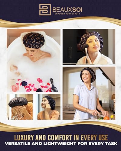 Luxury Reusable Shower Cap for Women - Satin Lined, Adjustable & Waterproof - Keeps Hair Dry- Durable Hair Bonnet by BEAUXSOI (Fleur de Nuit) - Floral design - color: Fleur de Nuit