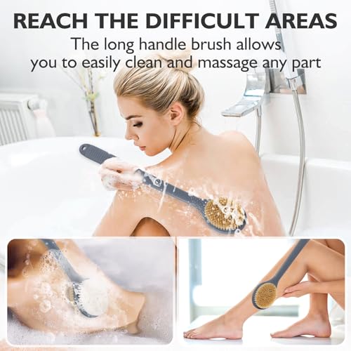 VANZAVANZU 17 Inch Anti-Slip Long Handle Back Scrubber for Shower – Dual-Sided Shower Brush and Shower Back Scrubber with Soft and Stiff Bristles for Wet or Dry Brushing (Gray) - size: 17 in - Gray