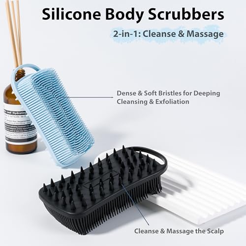 MtBoi 2 PC Silicone Body Scrubber, 2 in 1 Exfoliating Shower Bath Scrubber, Soft Silicone Loofah for Sensitive Skin, Shower Hair Scalp Massager, Easy to Clean, Lather Well (Blue&Black) - color: Blue&black