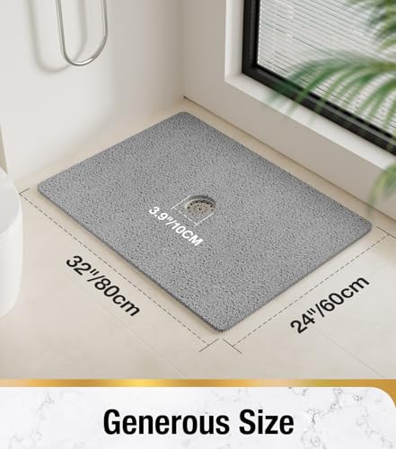 HITSLAM Shower Mat, 32 x 24 Inch Non Slip Bath Mat for Tub, Soft PVC Loofah Bathtub Mats with Drain Holes, Quick Drying Bathroom Stall Floor Mat, Bathroom Accessories Without Suction Cup, Grey - color: Grey, size: 32" x 24" (Rectangular)