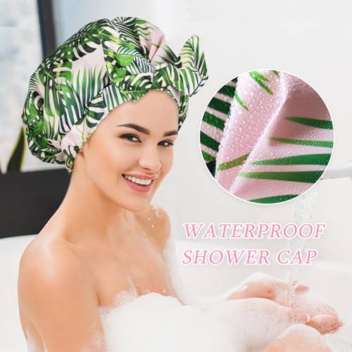 Luvruitaky Shower Cap Luxury Shower Caps for Women Reusable Waterproof Hair Cap for Shower with Adjustable Bowknot Hair Bath Cap (Green Palm) - color: Green Palm