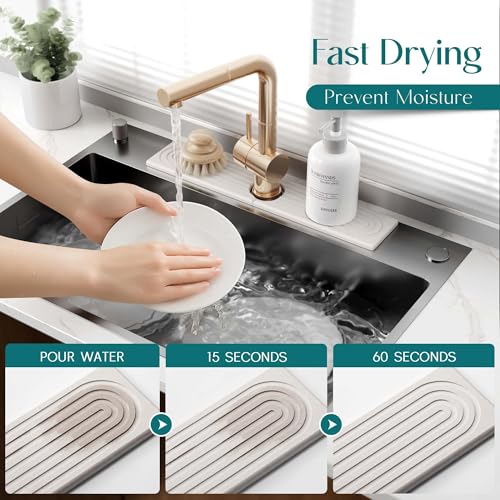 Eormoe Stone Faucet Mat for Kitchen Sink – Diatomite Drying Stone Mat & Sink Protector, Prevents Moisture – Sink Splash Guard Water-Absorbing Stone Tray for Bathroom Counter (Light Grey, 20" x 3.9") - color: Light Grey, size: 20" x 3.9"