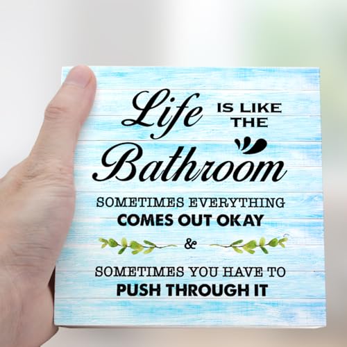 Blue Wood Life is Like The Bathroom Wooden Box Sign Desk Decor,Funny Bathroom Wood Block Sign for Farmhouse Toilet Shelf Decor - color: Blue Rustic