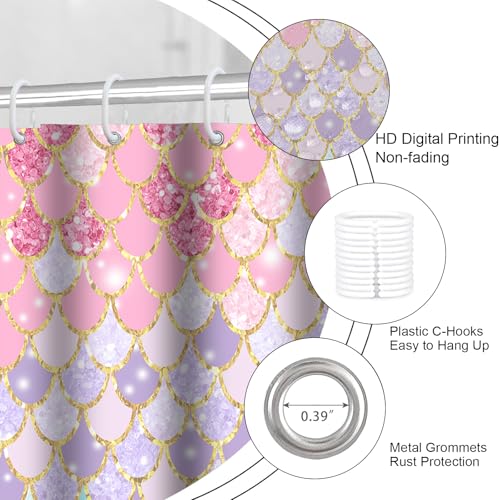 4Pcs Pink Mermaid Scales Shower Curtain Set with Rugs, Sparkly Iridescent Patterns, Underwater Ocean Bathroom Decor, Machine-Washable Fabric, with 12 Pcs Hooks，71 x 71in
