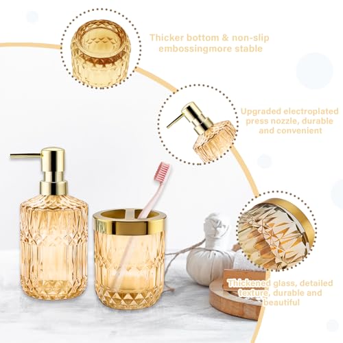 2Pcs Golden Bathroom Accessories Set, Glass Bathroom Accessories, Vintage Bathroom Countertop Decoration Includes Soap Dispenser, Toothbrush Holder - color: Golden, size: 2 Pcs