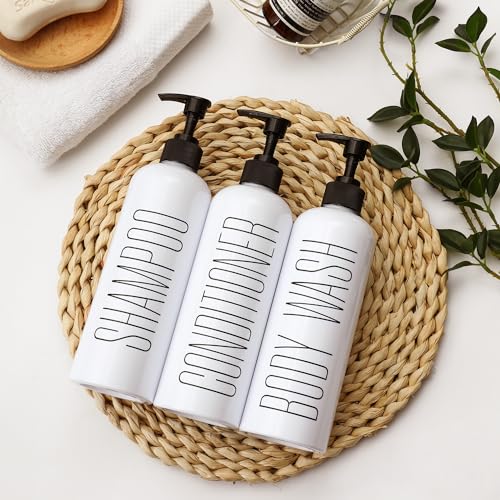HOMCDALY Shampoo and Conditioner Dispenser, 16oz 3-Pack Refillable Pump Bottles, Shampoo Conditioner Body Wash Dispensers Bottles, Bathroom Shampoo Dispenser Set(White - color: White&black Pump