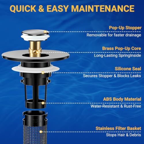 Bathroom Sink Drain Strainer, Pop-Up Bathroom Sink Stopper with Removable Stainless Steel Hair Catcher Basket, Universal Fit for US Bathroom Sinks, Showers & Floor Drains (1pcs-Black) - color: 1pcs-black