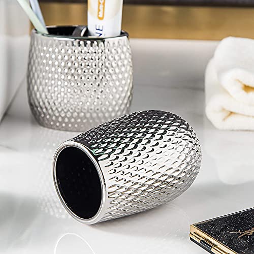 Silver Bathroom Accessory Set 4 Piece Ceramic Bath Accessories Sets Complete, Rain- Drop Shaped Bathroom Essential with Toothbrush Holder & Dish, Tumbler, Soap Dispenser Set for Bath Decor - color: Sliver01