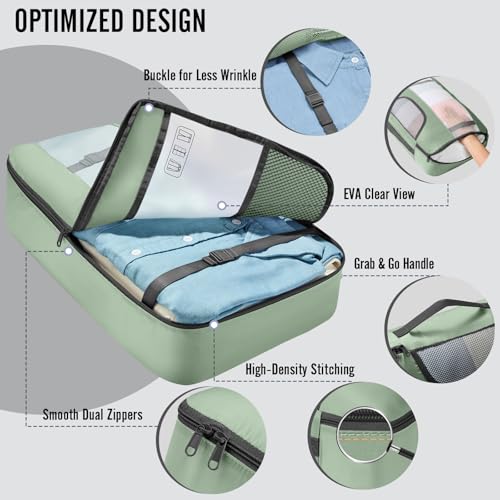 Veken 10 Set Packing Cubes for Travel Essentials,Anti-Wrinkle Buckled Suitcase Organizer for Shoe & Toiletry Bag,Carry On Luggage Bag with 99+ Count Mesh Holes for Airplane & College Dorm Accessories - color: 09 Matcha Green