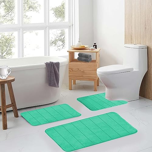 EAL Memory Foam Bath Mat Set - 3 Piece Non-Slip, Absorbent Shaggy Mats, Machine Wash, Perfect Plush, U-Shaped Toilet Rug & Living Rug - color: Stripe-teal