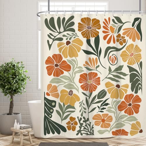 Boho Shower Curtain, Funky Colorful Floral Bathroom Decor, Vintage Wildflower Botanical Patterns, Terracotta Orange Polyester Fabric with 12 Hooks, 72x72 Inch - color: Orange, size: 72"W x 72"L (Pack of 1)
