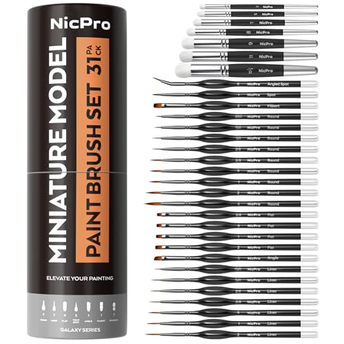 Nicpro Miniature Paint Brushes Drybrush - 31PCS Model Paint Brush Set for Acrylic Oil Watercolor, Detail Paint Brush Dry Brush for Model, Miniature Painting, Paint by Numbers, Craft - with Container - style: 31 Pack (Detail+Drybrush)