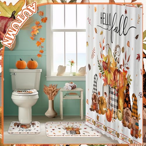 FuWeave 8 Pcs Fall Shower Curtain Set for Bathroom Include Harvest Autumn Hello Fall Gnome Shower Curtain Towels Non Slip Rugs Toilet Lid Cover Pumpkin Bath Mat and 12 Hooks for Bathroom Decor - color: Gnome