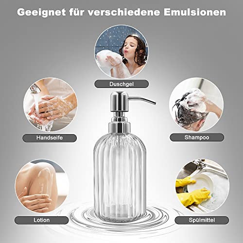 14 Oz Glass Soap Dispenser with 304 Rust Proof Stainless Steel Pump, Refillable Hand Liquid Soap Dispenser for Bathroom, Kitchen, Countertop, Laundry Room (White) - color: Clear