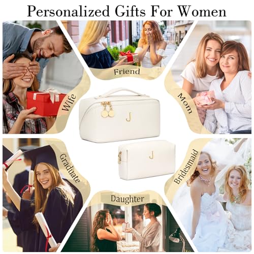 Birthday Gifts for Women Teen Girl, Personalized Initial Makeup Organizer Bag Set, Open Flat Travel Cosmetic Bag With Clear Divider and Handle(Beige,J) - color: Beige, style: J