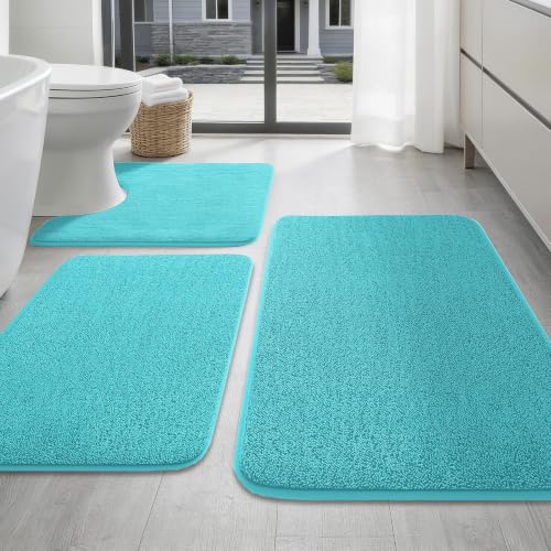 YIHOUSE Memory Foam Bathroom Rugs Sets 3 Piece - Extra Thick Soft Towel-Like Absorbent Bath Mat Set, Non Slip Machine Washable Bath Rugs Carpet for Bath, Tub and Shower, Aqua - color: Aqua, size: 1'8" x 2'8" (3 pieces)
