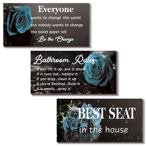 DONFENTHY 3 Pcs Blue Bathroom Rules Decor Rustic Farmhouse Wooden Best Seat in The House Rose Hanging Wall Art Bathroom Accessories for Toilet (Blue 10x5") - color: Blue 02
