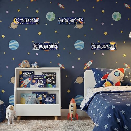 4Pcs Outer Space Wooden Wall Art Room Decor for Boys Astronaut Wall Art Set for Bedroom Bathroom Motivational Wooden Signs Navy Blue Galaxy Nursery home Decor for Toddler & Playroom - style: Outer Space