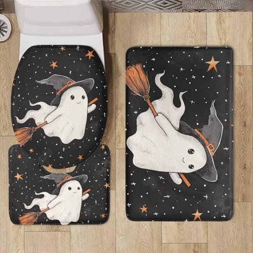 Cute Ghost Soft Bathroom Carpet 3 Piece Bathroom Rugs and Mats Sets Non-Slip Mat Set Toilet Mat Set Bath Mats Set 3 Piece Set,with U-Shaped Toilet Floor Mat Toilet Lid Cover Mat - color: Cute Ghost1
