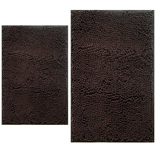 Bathroom Rugs Sets 2 Piece, Extra Soft Chenille Bath Mat Ultra Absorbent Bathroom Rug, Bathroom Mat with Sturdy PVC Non-Slip Bottom, Machine Washable Bath Rugs (20x32 Inch + 16x24 Inch, Coffee) - color: Coffee, size: 16" x 24" + 20" x 32" (Rectangular)
