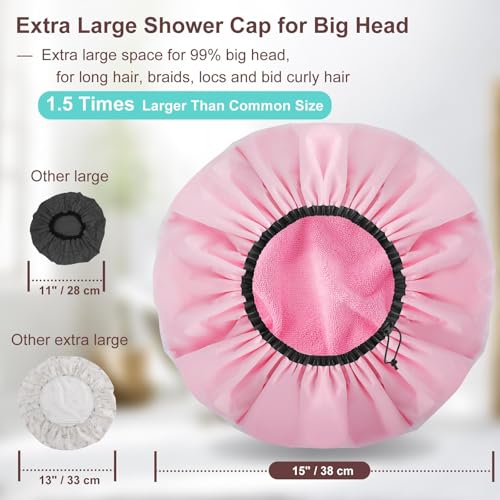 Sheomern 2 Pcs 15" XL Extra Large Terry Lined Shower Cap, Adjustable Dual Waterproof Shower Cap for Women Reusable Soft Hair Cap Bath Cap for Long Braids, Thick Hair, Locs, Curly Hair - color: Pink+Green, size: X-Large