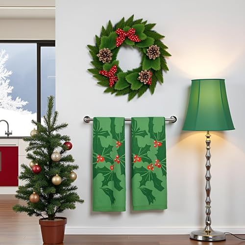 2 Pack Christmas Holly Berry Hand Towels 100% Cotton Jacquard Holiday Kitchen Dish Towels Retro Neutral Green Bathroom Towels Set Gift Seasonal Xmas Winter Bathroom Decor (Holly Berry Green) - color: Holly Berry Green