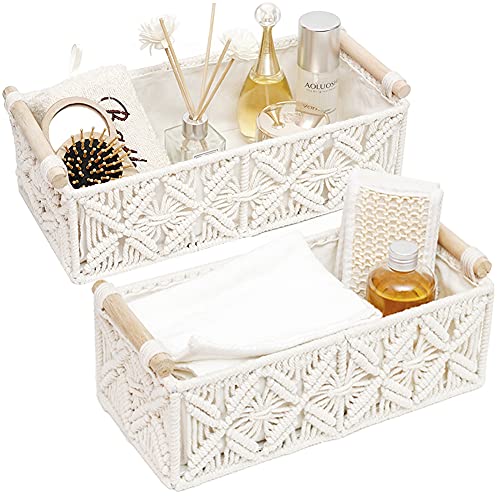 Macrame Storage Basket Boho Decor Baskets for Organizing Woven Decorative for Countertop Toilet Paper Basket for Tank Top for Home Decor Bedroom Nursery Livingroom Entryway (Set of 2) - color: white