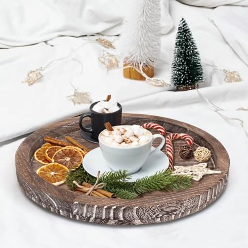 Round Decorative Wooden Serving Trays for Ottoman Coffee Table Tray Farmhouse Kitchen Home Decor Accents Circle Circular Wood Decorations Trays Rustic Dining Table Centerpiece Candle Holder Tray - color: Washedwhite, size: 12"