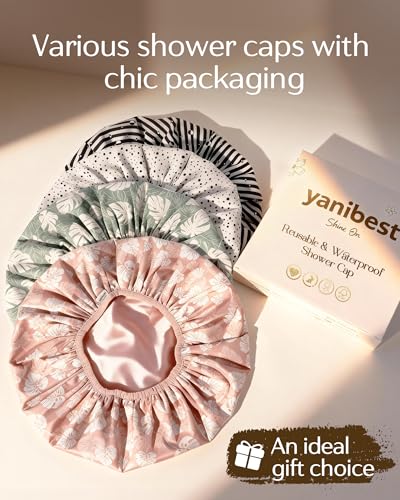Yanibest Shower Cap for Women - Frizz Free Satin Lined Shower Cap Waterproof Large Double Layer Reusable with Soft Elastic Band for Braids Long Hair - color: White