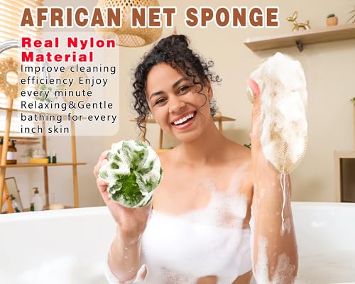 2 Pack African Net Sponge Exfoliating Body Scrubber Bath Sponge for Daily Use (Champange+Olive Green) - color: Champange+olive Green