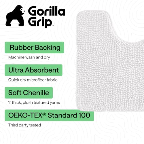 GORILLA GRIP Bathroom Rug Sets 3 Piece, Bath Mat Set and Oval Toilet Base with Rubber Backing, Plush Absorbent Shaggy Chenille Washable Mats, Includes 24x19.5, 24x17 and 36x24 Inch Rugs, White - color: White, style: 24"x19.5" + 24"x17" + 36"x24" - 3 Pack