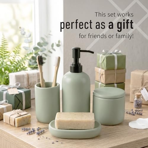 Ceramic Bathroom Accessories Set 4 Pcs – Modern Scandinavian Neutral Bathroom Soap Dispenser Set with Toothbrush Holder, Soap Dish & Cup – Minimalist Bathroom Accessory Set Decor - Sage Green - color: Sage Green