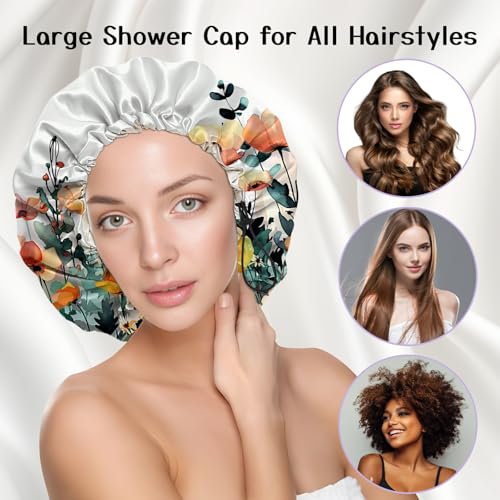 Luxury Shower Cap Silk Satin Lined Waterproof Reusable Adjustable Elastic Dry Hair Bathing Caps Cute for Women Girls-Floral Leaf - color: C-3-Floral Leaf