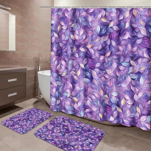 ArtSocket Purple Plant Leaves Bathroom Set with Shower Curtain and Bath Rugs and Accessories,Oil Painting Art Non-Slip Shower Curtain Set,Bathroom Decor 3 Pcs - color: Purple Plant Leaves